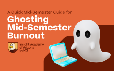 A friendly cartoon using a computer